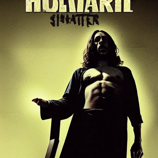 Image similar to Jesus as a horror movie slasher villain, award winning horror cinematic movie poster