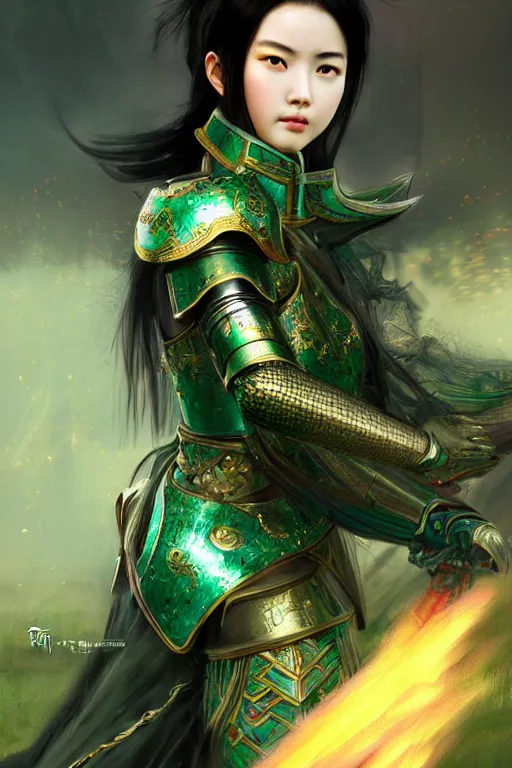 Image similar to portrait black hair young knights of Dynasty Warriors girl, metallic green armor, in ruin fire chinese palace sunrise, ssci-fi and fantasy, intricate and very beautiful and elegant, highly detailed, digital painting, artstation, concept art, smooth and sharp focus, illustration, art by tian zi and WLOP and alphonse mucha