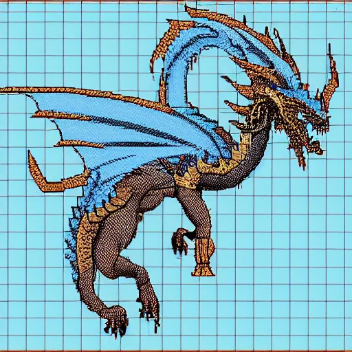 Image similar to blueprint of a fantasy dragon pixel art