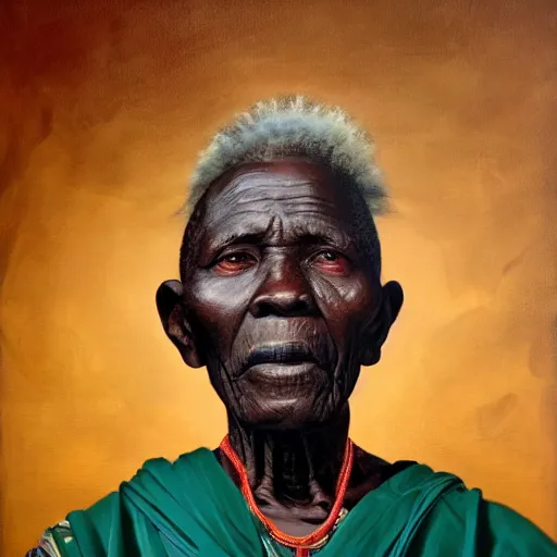 Image similar to a painting of a wise elder from Kenya by Kehinde Wiley . dramatic angle, ethereal lights, details, smooth, sharp focus, illustration, realistic, cinematic, artstation, award winning, rgb , unreal engine, octane render, cinematic light, macro, depth of field, blur, red light and clouds from the back, highly detailed epic cinematic concept art CG render made in Maya, Blender and Photoshop, octane render, excellent composition, dynamic dramatic cinematic lighting, aesthetic, very inspirational, arthouse.