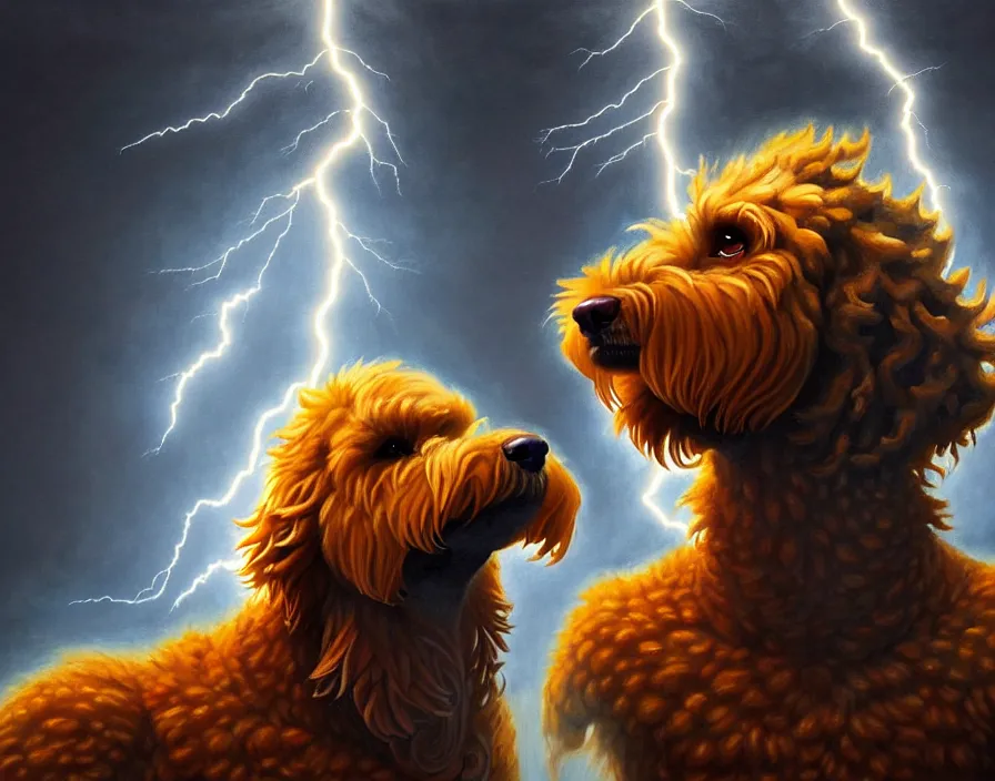 Image similar to an epic painting of a male anthropomorphic brown goldendoodle fursona as zeus, shooting lightning bolts from his paws, by alex grey and greg rutkowski, intricate details, artstation, furry, cinematic, hd, beautiful