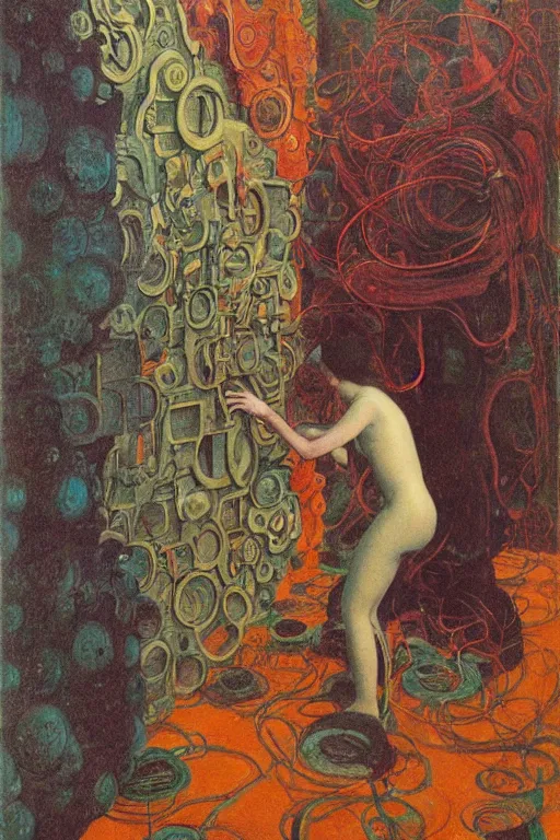 Image similar to realistic portrait of an engineer woman fixing the samsara holy cluster, fine portrait, concept art, stunning, visionary, dimmed palette, by brecht evens, by jean delville, by francis bacon