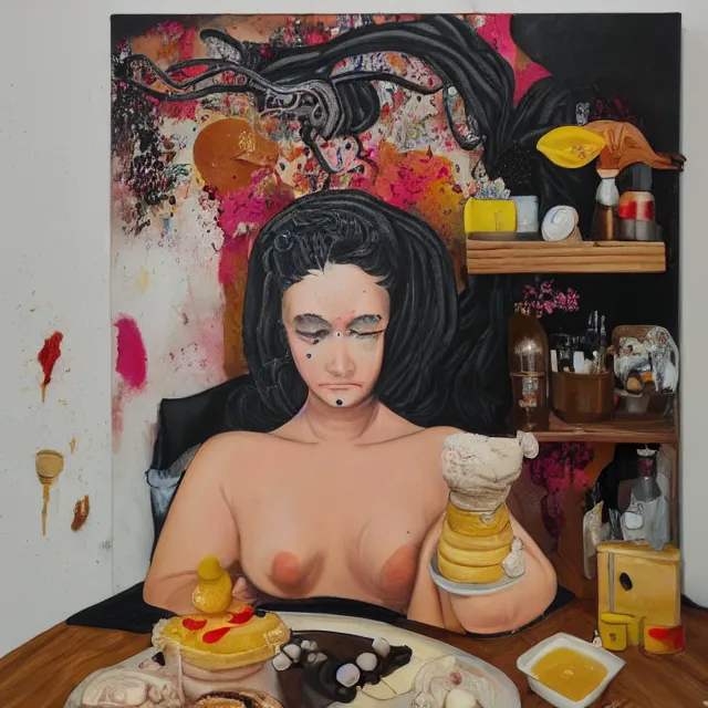 Image similar to sensual, a portrait in a female art student's bedroom, black walls, a woman sitting on a bed made of pancakes, honey dripping, berries dripping, chocolate, surgical supplies, ikebana, octopus, neo - expressionism, surrealism, acrylic and spray paint and oilstick on canvas