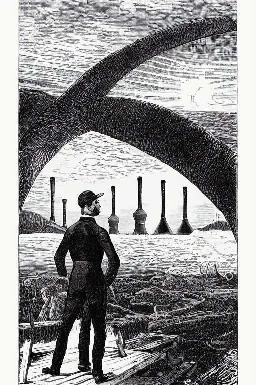 Image similar to 19th century wood-engraving of a man looking at a nuclear powerplant in the background, whole page illustration from Jules Verne book, art by Édouard Riou Jules Férat and Henri de Montaut, high quality, beautiful, removed watermarks