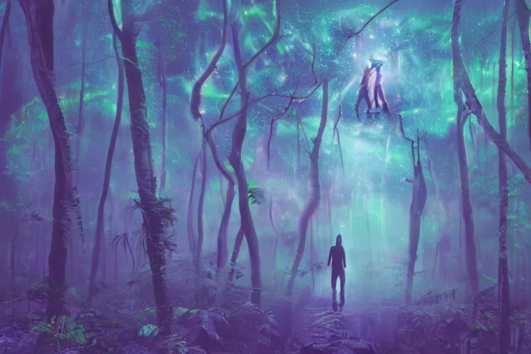 Image similar to digital art of a surreal jungle, astronaut walking, psychedelic sky, mysterious crazy world, raining at night, glowing trees, pulping sky