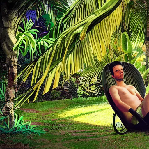 Prompt: person relaxing under the shade of a banana tree, digital art, hyper detailed