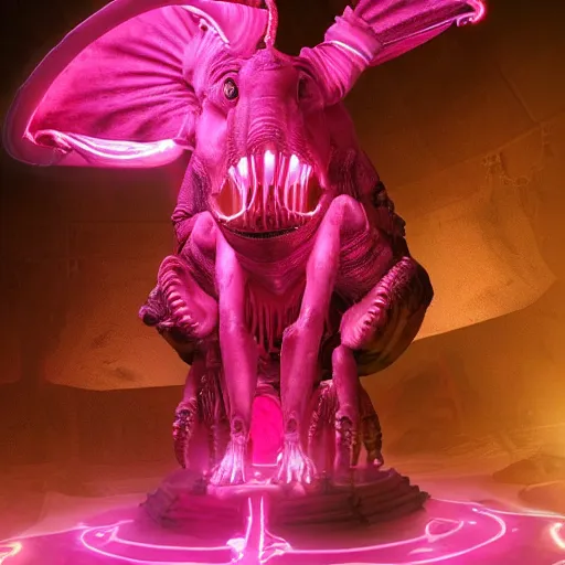 Prompt: a realistic antropomorphic pink elephant dressing necromancer clothes sited in a xenomorphic throne with glow neon eyes, finely detailed, 4 k, photorealistic, cycles engine,