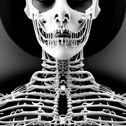 Prompt: black and white dreamy foggy portrait, skeletal biomechanical beautiful young female cyborg priestess - robot bust, body ribs meshes,, volumetric light, rim light, by dora maar and cecile beaton, big gothic fashion pearl embroidered collar, 8 k