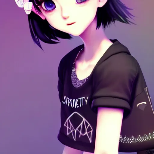 Image similar to beautifully pretty stoner girl, 2 2 years old, black sweater, grey checkered skirt, very cute features, glittery short black hair, blue eyes, universal volumetric lighting, soft glow, by range murata, highly detailed intricately sharp focus, trending on pinterest, unreal engine 5 4 k uhd image