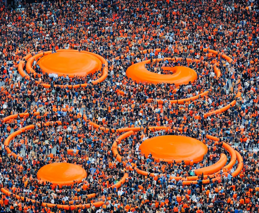 Image similar to a huge orange ring which is used for transport, in front of it are many people that want to travel with it, they have to hop on a giant moving floor to reach the ring