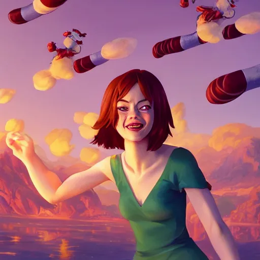 Image similar to emma stone happy to see flying big italian sausages by concept artist gervasio canda, behance hd by jesper ejsing, by rhads, makoto shinkai and lois van baarle, ilya kuvshinov, rossdraws global illumination radiating a glowing aura global illumination ray tracing hdr render in unreal engine 5