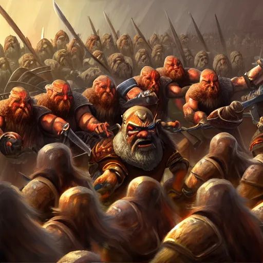 Image similar to painting of a single dwarven berserker facing a crew of crazy goblin warriors in deadly combat on a gladiator pit, sharp focus, high symmetry, award - winning, trending on artstation, masterpiece, highly detailed, intricate. art by mark tedin