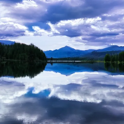 Prompt: beautiful still lake with reflective water, low mountains and beautiful far clouds