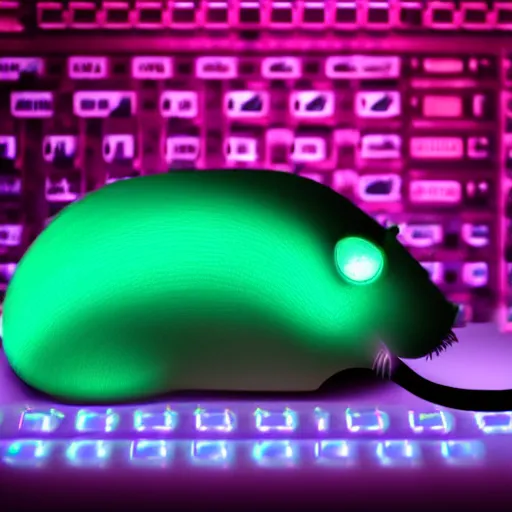 Prompt: A mouse is working on a computer detailed, colorful, glowing lighting, 4k, dimly lit, in the style of retro future,