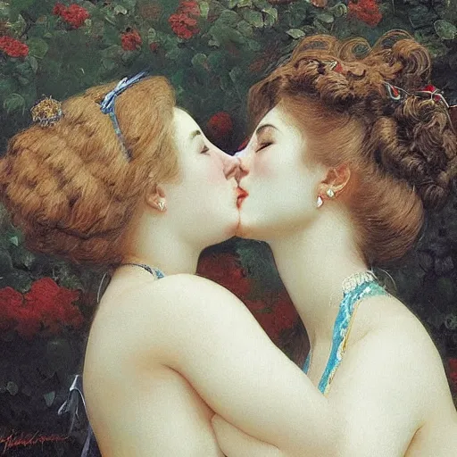 Prompt: Two beautiful women leaning in for a kiss, vertical symmetry, vintage shading, romance, photorealistic, highly detailed, by Ilya Repin and artgerm