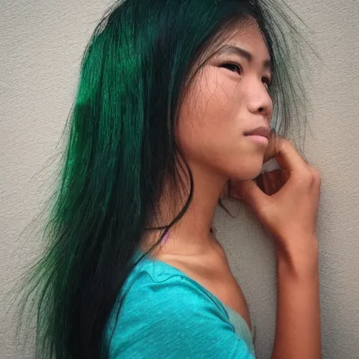 Prompt: beautiful tanned Vietnamese boulderer, green streaks in hair, trending on instagram, portrait, photorealistic,