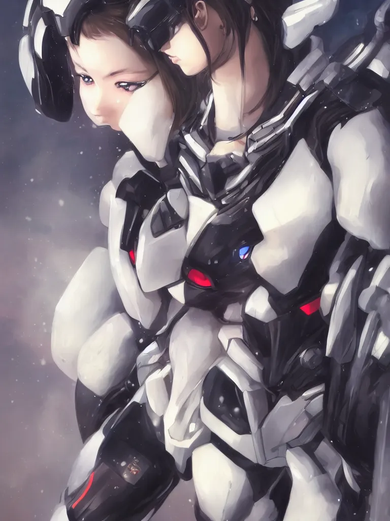 Image similar to A realistic anime portrait of a woman in a Gundam suit with glowing black, digital painting, by Stanley Artgerm Lau, Sakimichan, WLOP and Rossdraws, digtial painting, trending on ArtStation, SFW version