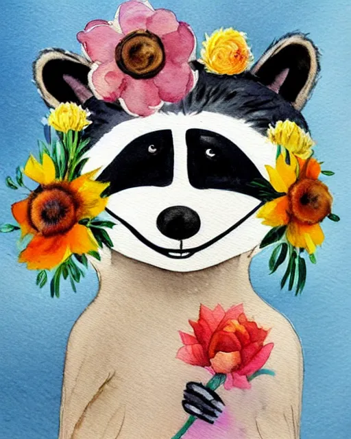 Prompt: a painting of a smiling anthropomorphic raccoon wearing a flower crown, a watercolor painting by annabel kidston, a storybook illustration, trending on pinterest, rococo, muted colors, soft colors, low saturation, smooth, made of flowers, watercolor, intricate, whimsical, white paper, minimalist, simple