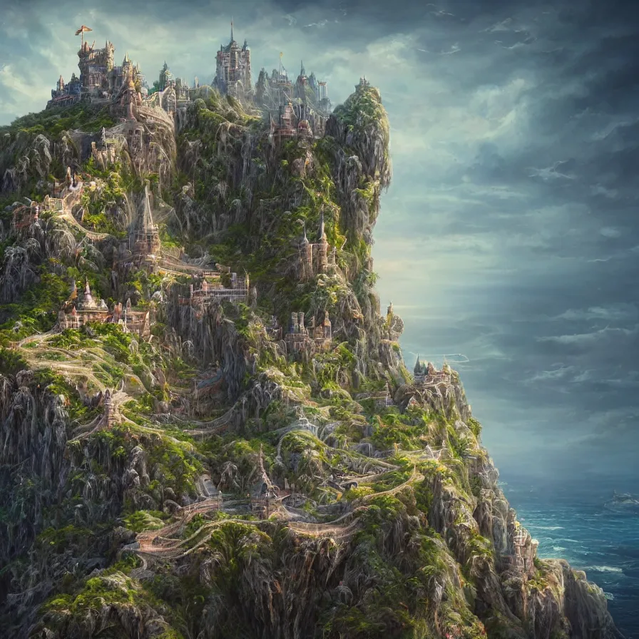 Image similar to fantasy painting of a castle on the edge of a cliff overseeing a vast ocean, complex, detailed, intricate abstract. delicate artwork. by Tooth Wu, wlop, beeple, dan mumford. octane render, trending on artstation, greg rutkowski very coherent symmetrical artwork. cinematic, hyper realism, high detail, octane render, 8k, depth of field, bokeh. chrome accents.