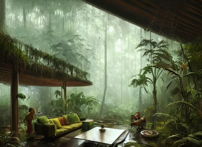 Prompt: a beautiful painting of the interior of a geodesic house in a moist tropical rainforest, living room, by greg rutkowski, realism, artstation, nature