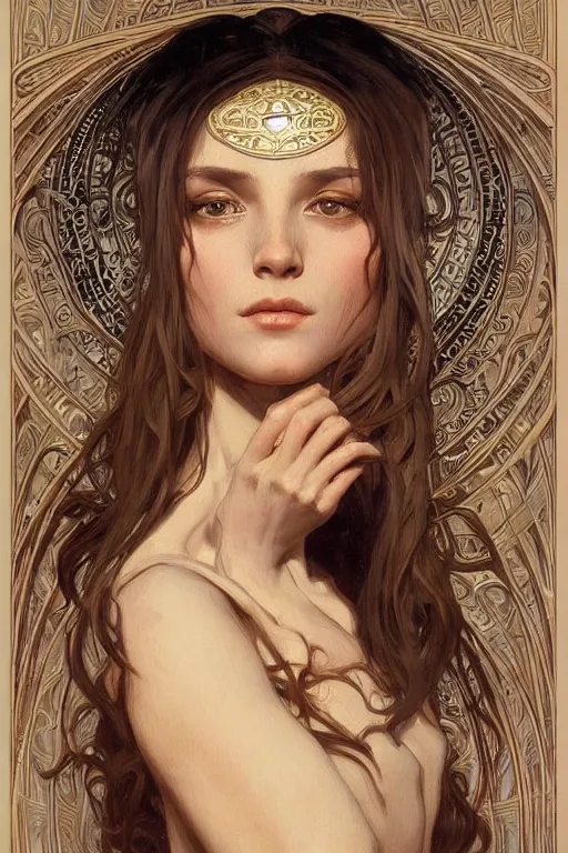 Prompt: high priestess, intricate, elegant, highly detailed, concept art, sharp focus, beautiful face!!, digital art, smooth defined outlines!!, human anatomy, human structure, by Brom, trending on Artstation, Alphonse Mucha, Tom Bagshaw, Sargent