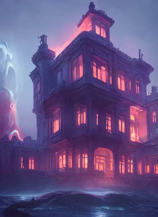 Prompt: giant tentacles destroying a glowing mansion in burning vapor dramatic lighting, faces floating, artstation, matte painting, aykut aydogdu, allen williams, artem chebokha