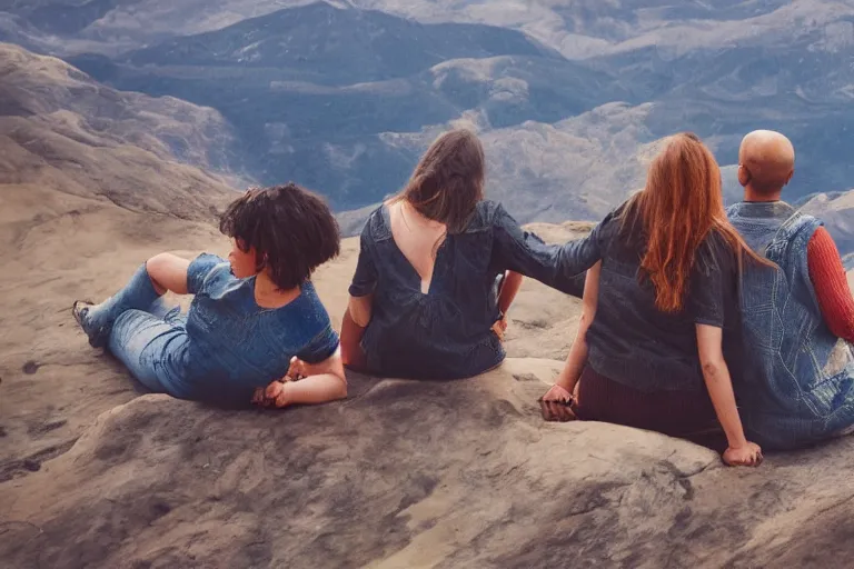 Prompt: photorealistic imagery of friends, sitting on the edge