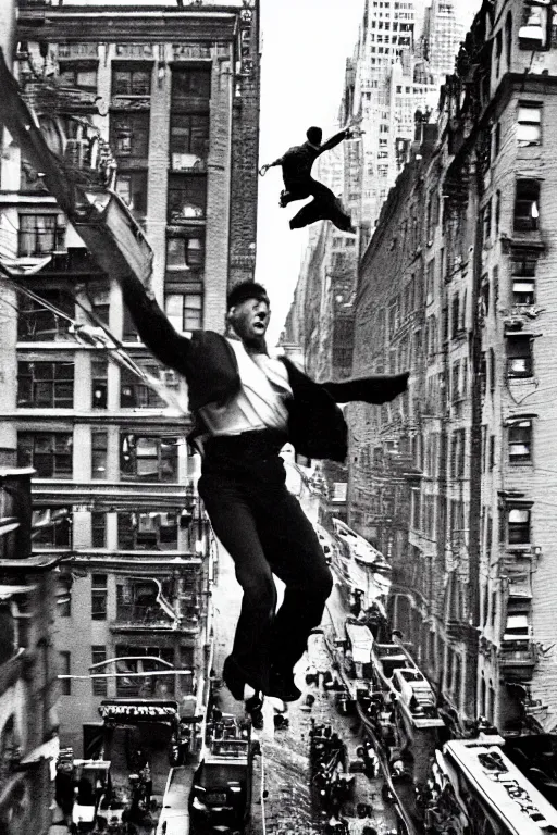 Image similar to !dream a man jumping from a building in New York, explosion