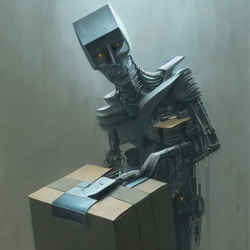 Prompt: A cyborg holding a cardboard box full of desk items at a desk by Beksinski, Greg Rutkowski