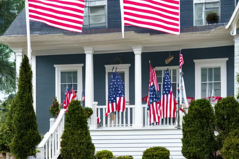 Prompt: house with american flag hanging on the front porch