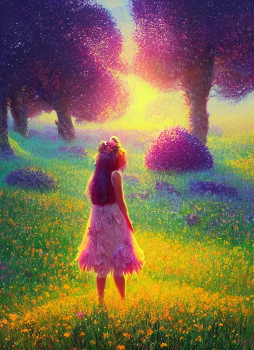 Prompt: girl with giant flower hair and flower dress, standing in a flower field hills, big trees, sunrise dramatic light, impressionist painting, colorful clouds, digital painting, pointillism, artstation, simon stalenhag
