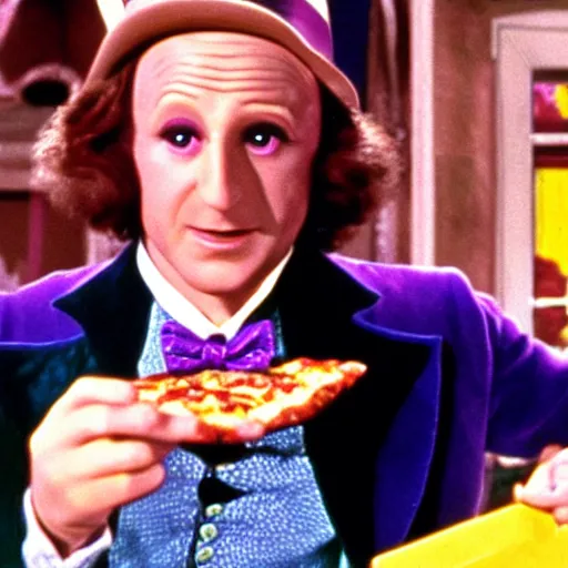 Prompt: Willy Wonka warning of the dangers of Pizza, cinematic Eastman 5384 film