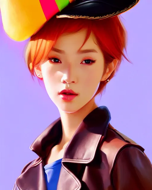 Image similar to mango girl wearing a candy hat and leather jacket, fine detail!! anime!! realistic shaded lighting!!, kim hyun joo, digital painting by ilya kuvshinov, magali villeneuve, artgerm, jeremy lipkin and michael garmash and rob rey