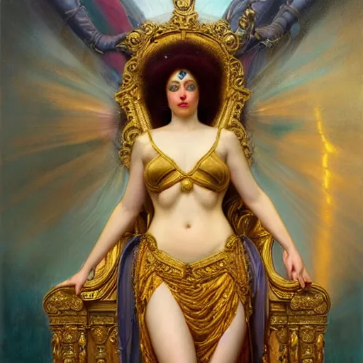 Prompt: highly detailed oil painting | very intricate | cinematic lighting | award - winning | the goddess babalon wearing a gold and blue dress | by roberto ferri, by tom bagshaw, by j. c. leyendecker and klimt, beautiful cinematic light, american romanticism, by austin osman spare, artstation, cgsociety, official art, octane