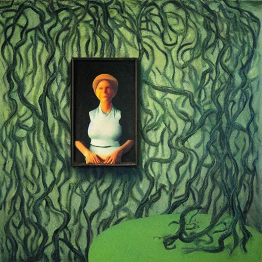 Prompt: portrait an artist in her apartment, wrapped in vines, black walls, puddles, moss, stone, acrylic on canvas, by magritte and monet