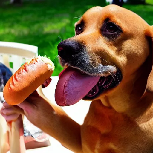 Prompt: a dog eating a hot dog, surreal