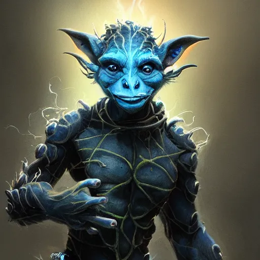 Image similar to a highly detailed goblin with grey skin and blue eyes that glow, caught in a tornado, like magic the gathering, goblin chainwalker,, digital art, by christopher rush