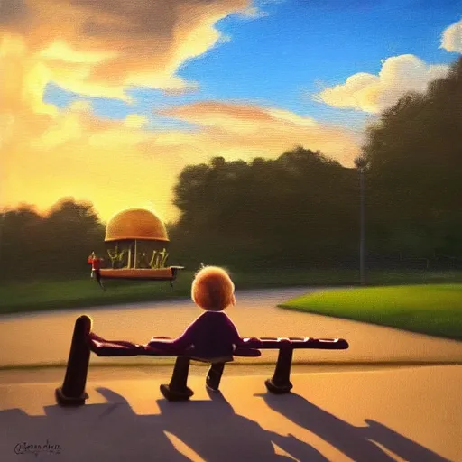 Image similar to eye - level view, shot from 5 0 feet distance, baby yoda plays on a seesaw at the city park. a balloon vender in the background. dramatic clouds, setting sun. golden hour, oil on canvas painting, detailed, depth, volume, chiaroscuro, quiet intensity, serene.