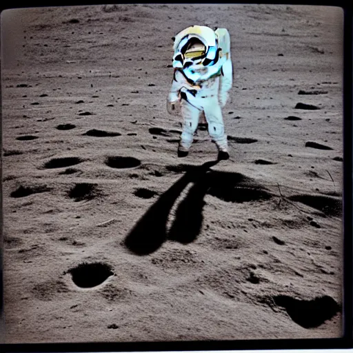 Prompt: a vintage Polaroid of Albert Einstein landing on the moon, visor up