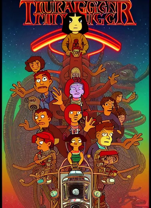 Prompt: animated version of Futurama Stranger Things scene with Demogorgon, cartoon, detailed faces, high resolution, hyper detailed, intricate, illustrated, dramatic lighting, illustration, concept art, smooth, sharp focus, art by Alphonse Mucha and Matt Groening !n-9