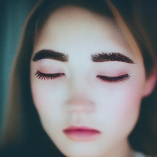 Image similar to A close-up of a woman with silver eyelashes, captured in low light with a soft focus. There is a gentle pink hue to the image, and the woman\'s features are lightly blurred. Cinestill 800t
