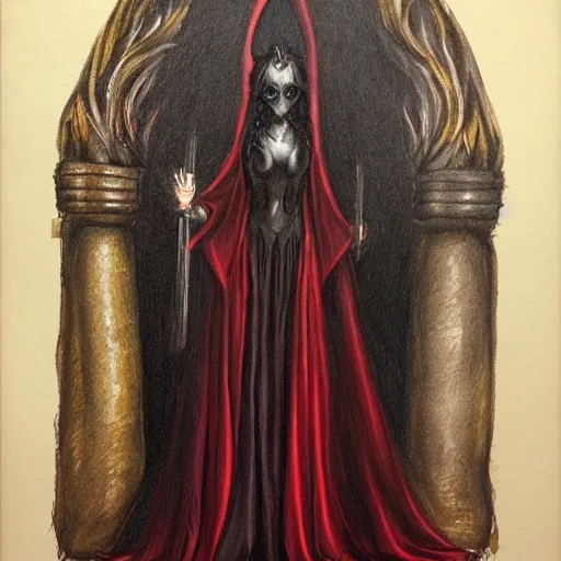 Image similar to dark fae queen wearing a robe of shadows in the middle of her conclave, 8 k, hyper realism, dark colors