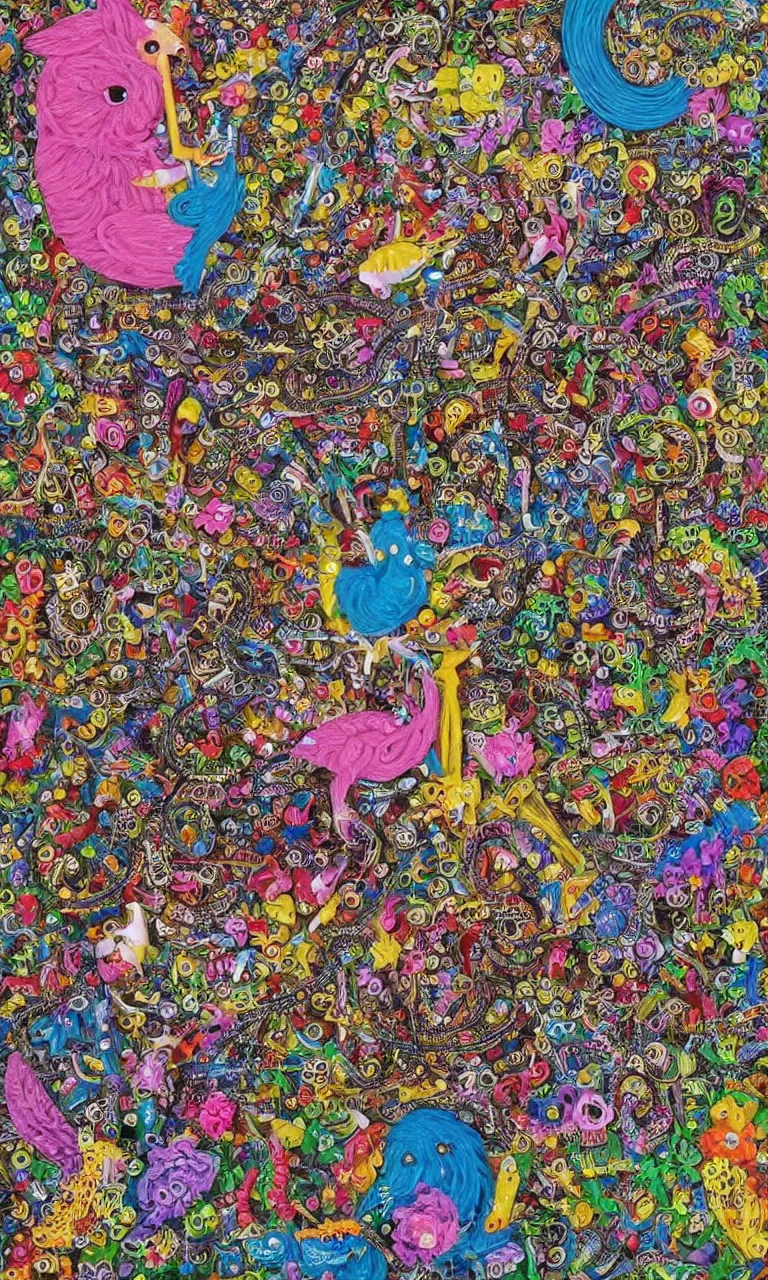 Prompt: an incredibly detailed masterpiece made out of pipecleaners of a I SPY puzzle by bosch and lisa frank, ornate, beautiful, gothic colors, detailed, high resolution, wow!, intricate