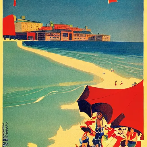 Prompt: a soviet poster of a beach day