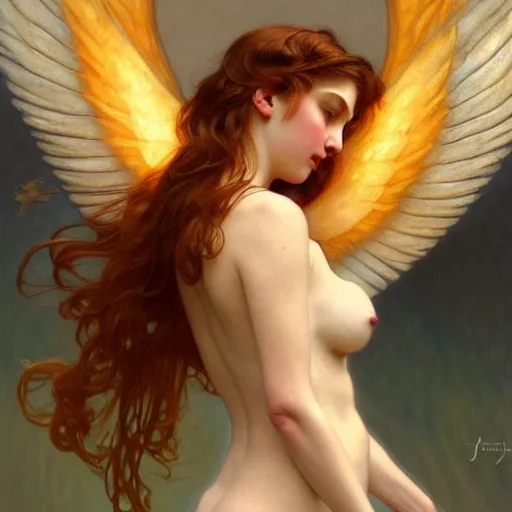 Prompt: Winged girl angel, face, fantasy, intricate, elegant, dramatic lighting, highly detailed, lifelike, photorealistic, digital painting, artstation, concept art, smooth, sharp focus, illustration, art by John Collier and Krenz Cushart and Artem Demura and Alphonse Mucha and Jean-Leon Gerome and and Albert Aublet