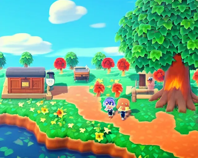 Image similar to animal crossing village on fire, sylvain sarrailh