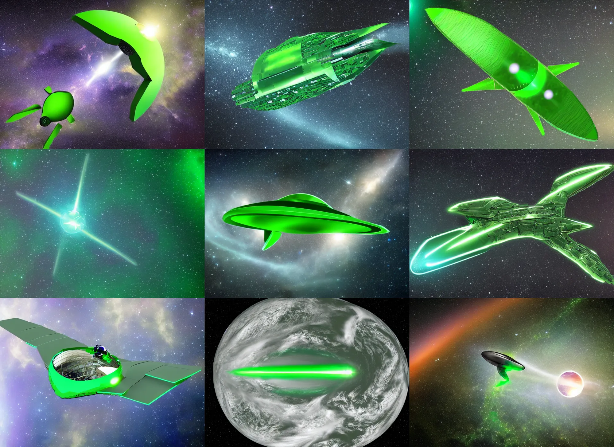 Prompt: green space ship in shape of v flying through cosmos