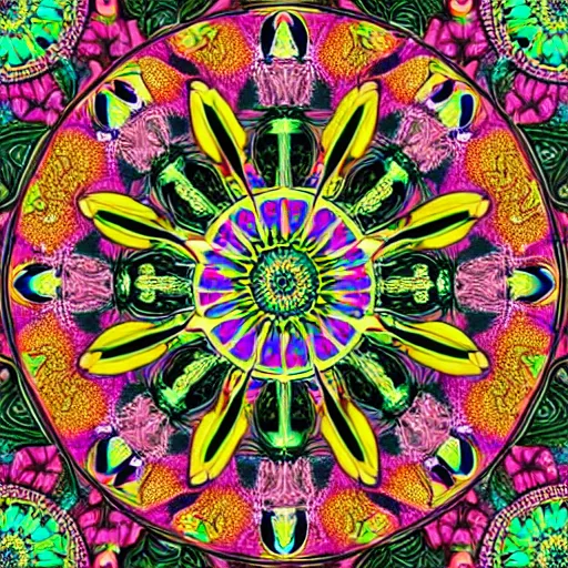 Prompt: vividly colored ornate psychedelic mandala pattern, intricate detail, complex patterns, high detail, symmetry