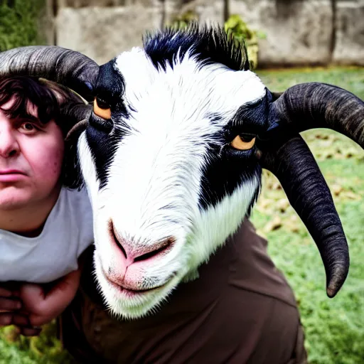 Image similar to andy milonakis as a goat, goat body, human head, anthropomorphic, 4 k, photorealistc, high details