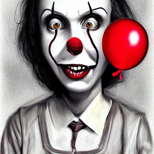 Prompt: surrealism grunge cartoon portrait sketch of millie bobbie brown with a wide smile and a red balloon by - michael karcz, loony toons style, pennywise style, horror theme, detailed, elegant, intricate